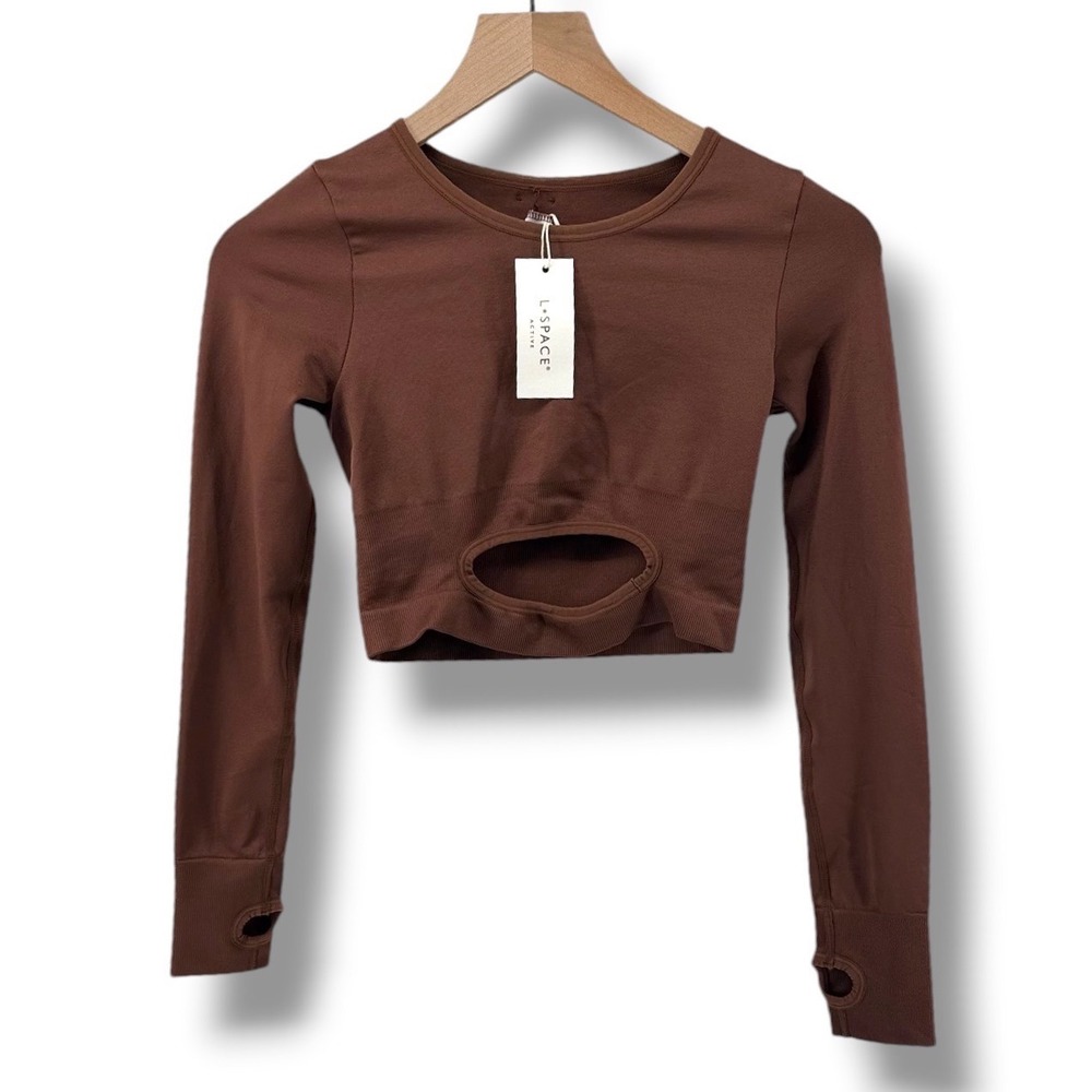 L*Space In the Zone Crop Top Women XS/S Brown Cutout Long Sleeve Activewear Yoga